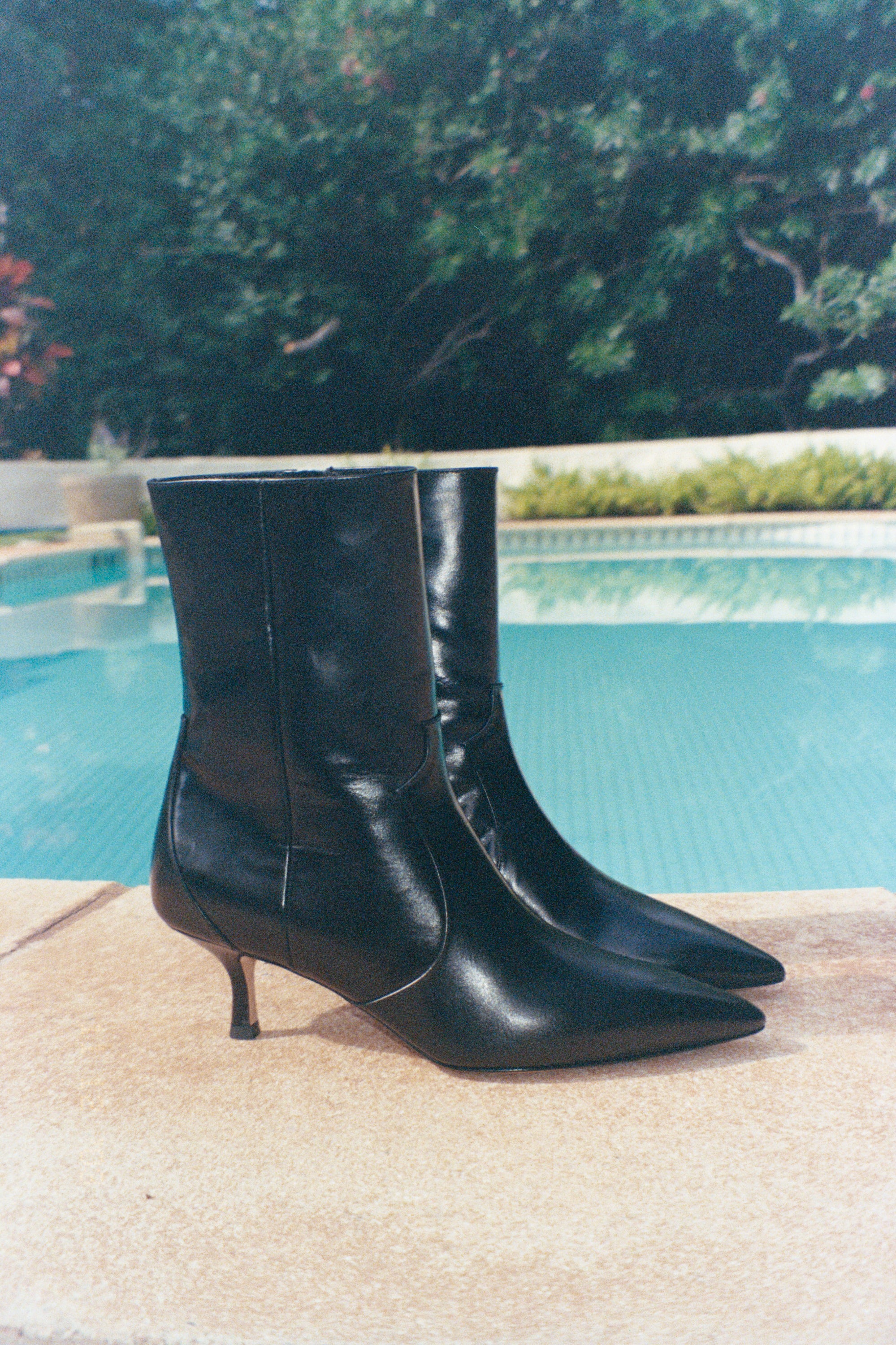 stacie silky black kitten heeled boot