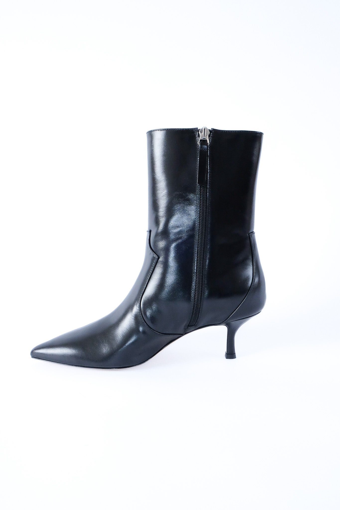 stacie silky black kitten heeled boot
