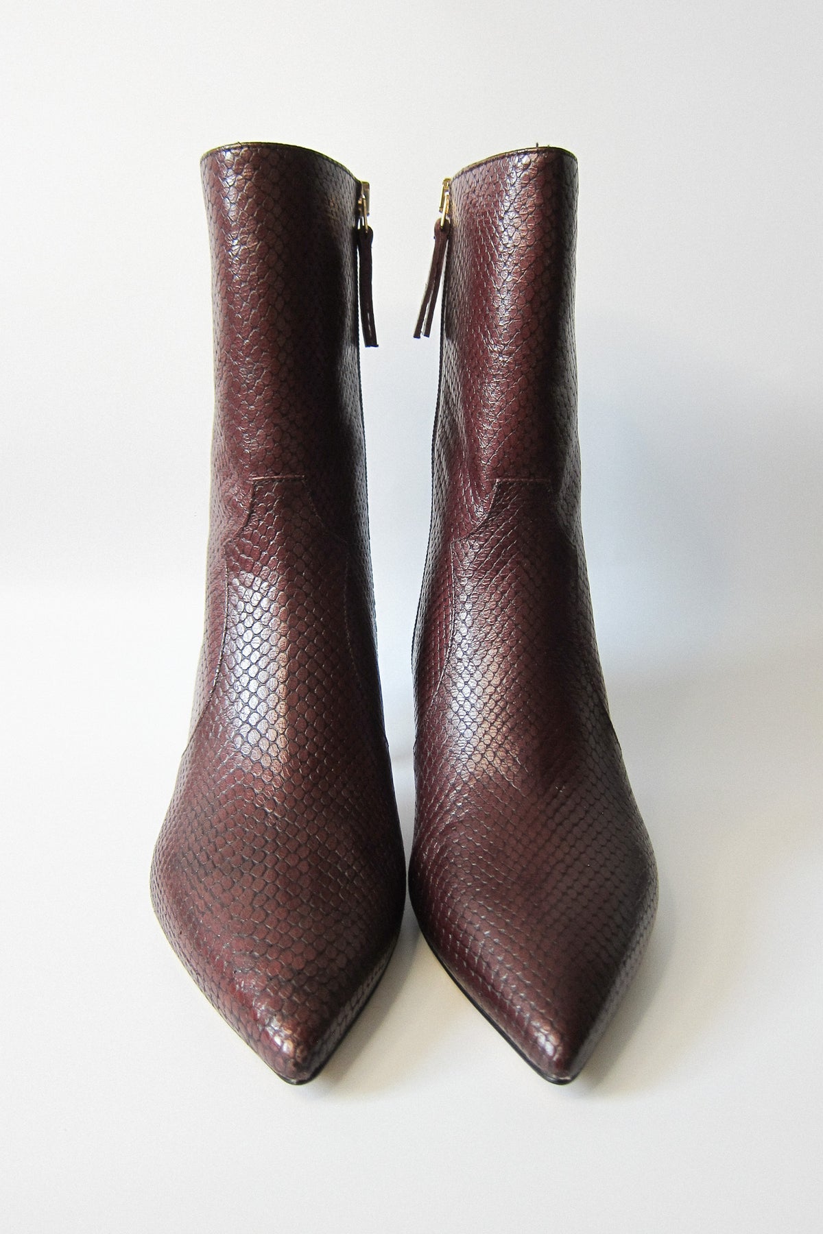 stacie burgundy snake kitten heeled boot