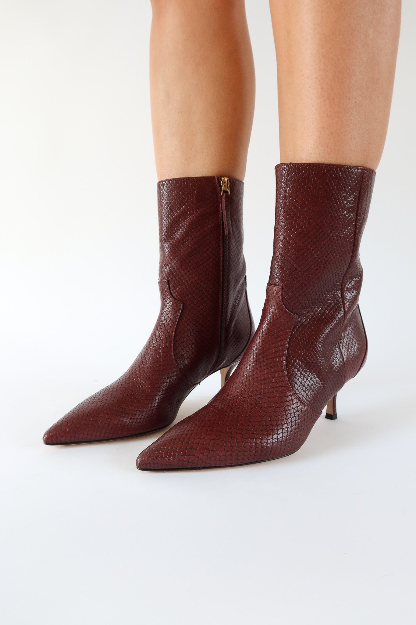 stacie burgundy snake kitten heeled boot