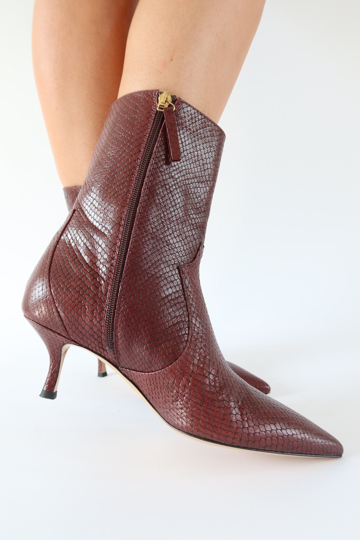 stacie burgundy snake kitten heeled boot