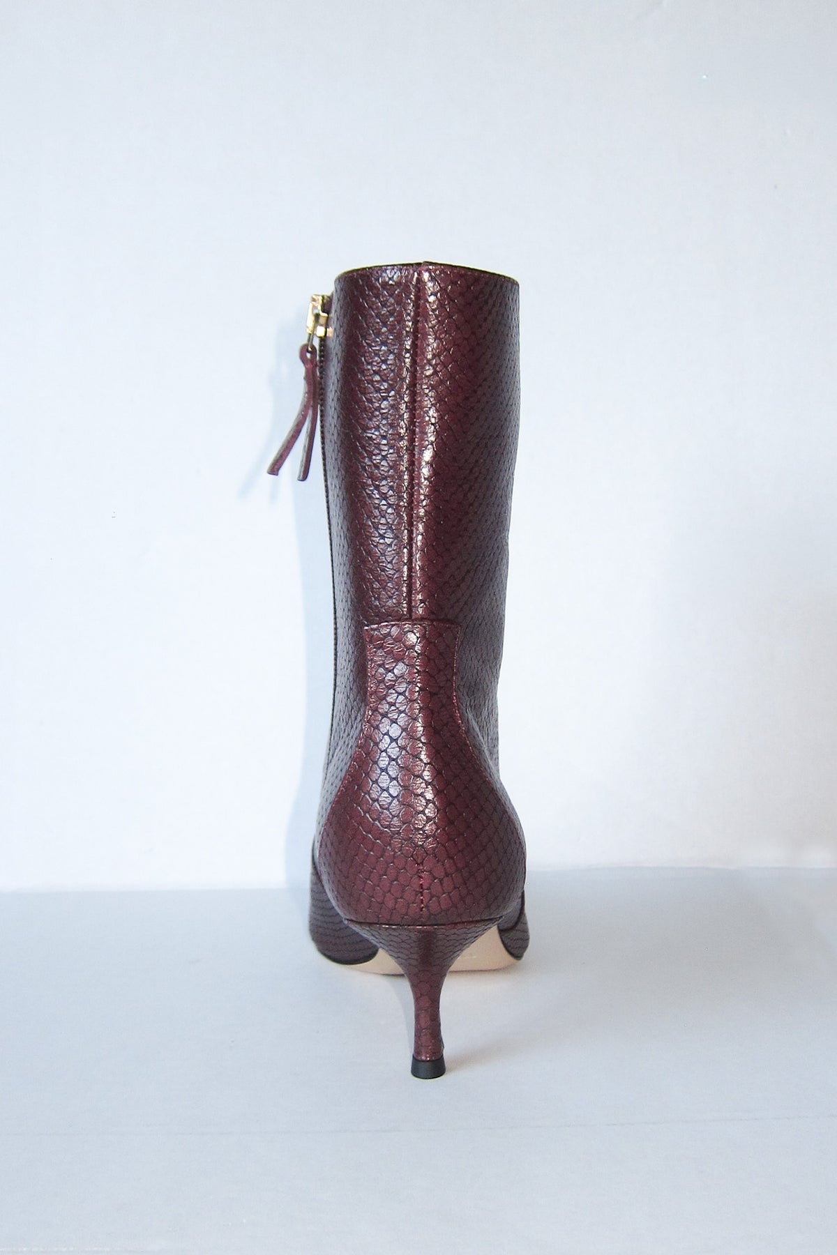 stacie burgundy snake kitten heeled boot