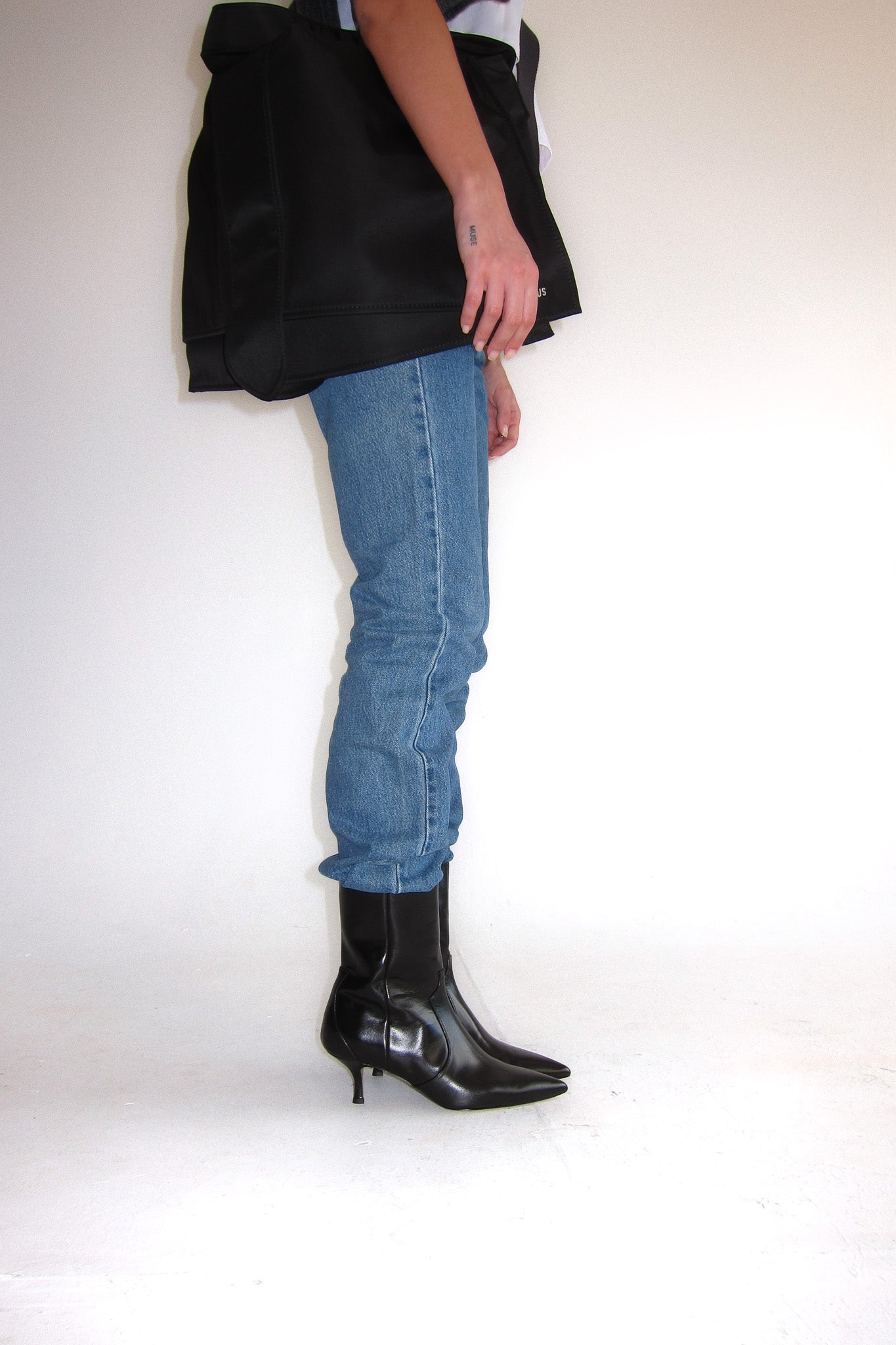 stacie silky black kitten heeled boot
