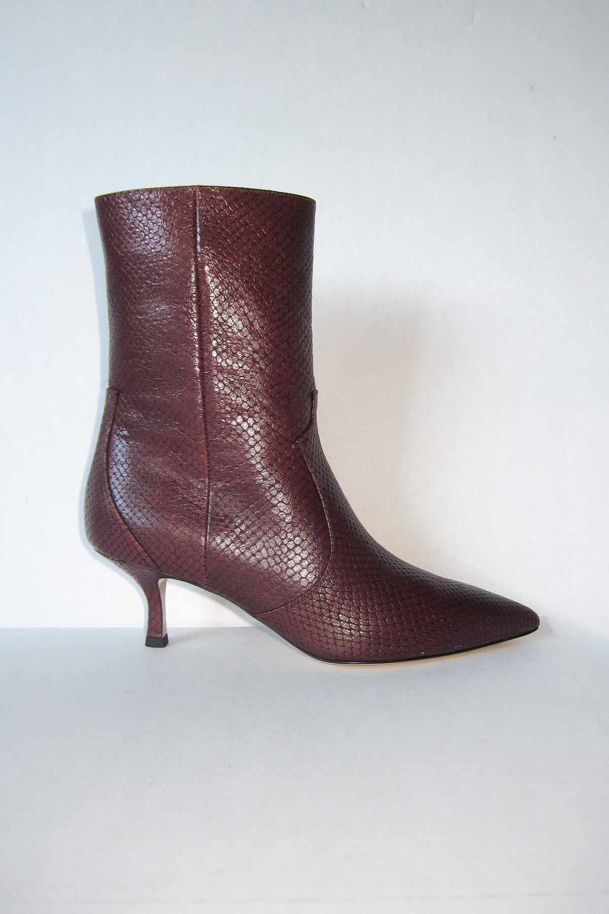 stacie burgundy snake kitten heeled boot